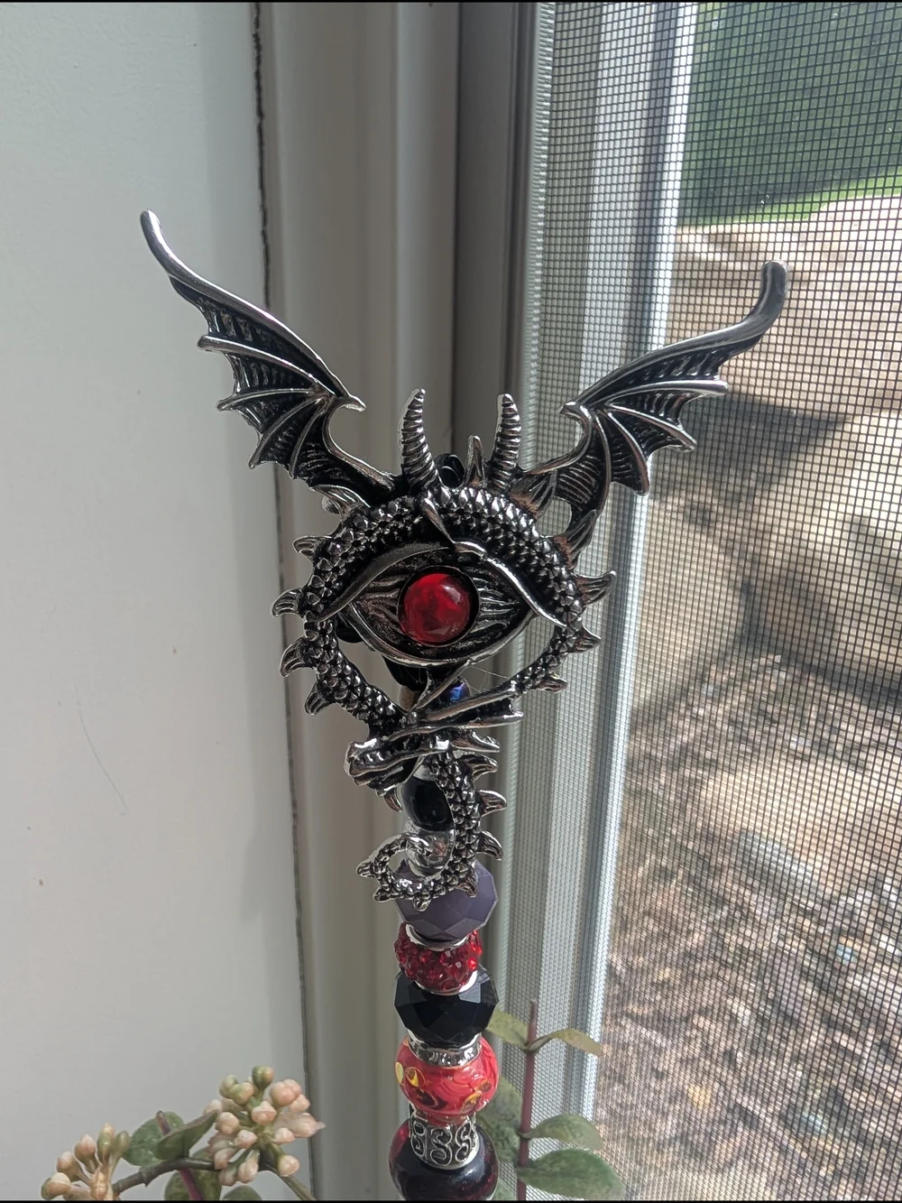 Hand Made Fairy Wand/Plant/Garden Stake W/Metal Dragon Topper